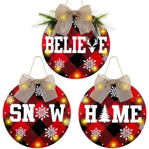 3 Pcs Christmas Buffalo Plaid Wreath Decoration LED Lights Hanging Sign Wooden - Picture 1 of 7